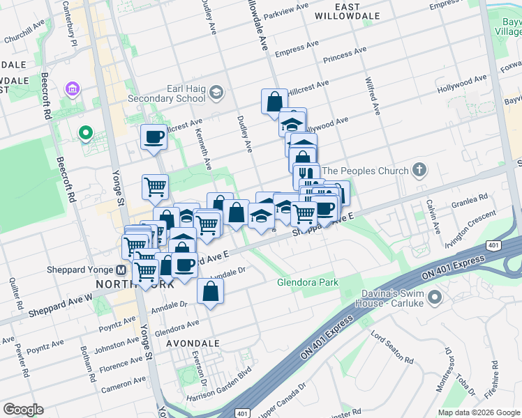 map of restaurants, bars, coffee shops, grocery stores, and more near 179 Greenfield Avenue in Toronto