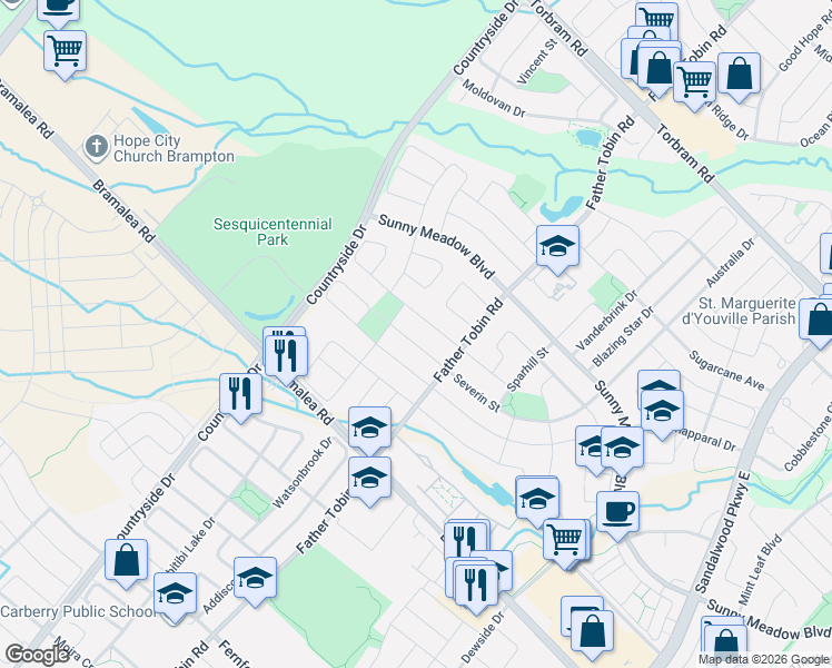 map of restaurants, bars, coffee shops, grocery stores, and more near 27 Wall Street in Brampton