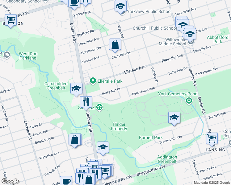 map of restaurants, bars, coffee shops, grocery stores, and more near 319 Betty Ann Drive in Toronto