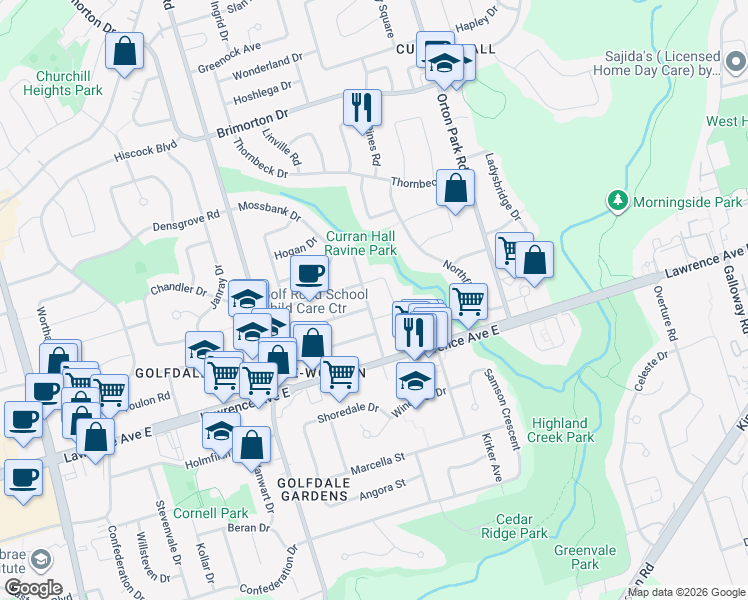 map of restaurants, bars, coffee shops, grocery stores, and more near 27 Mossbank Drive in Toronto