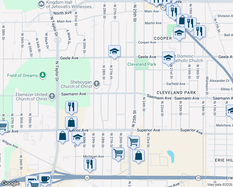 map of restaurants, bars, coffee shops, grocery stores, and more near 1799 North 27th Street in Sheboygan