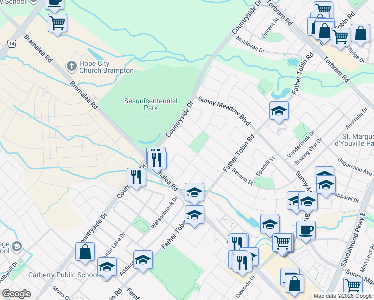 map of restaurants, bars, coffee shops, grocery stores, and more near 12 Hadfield Circle in Brampton