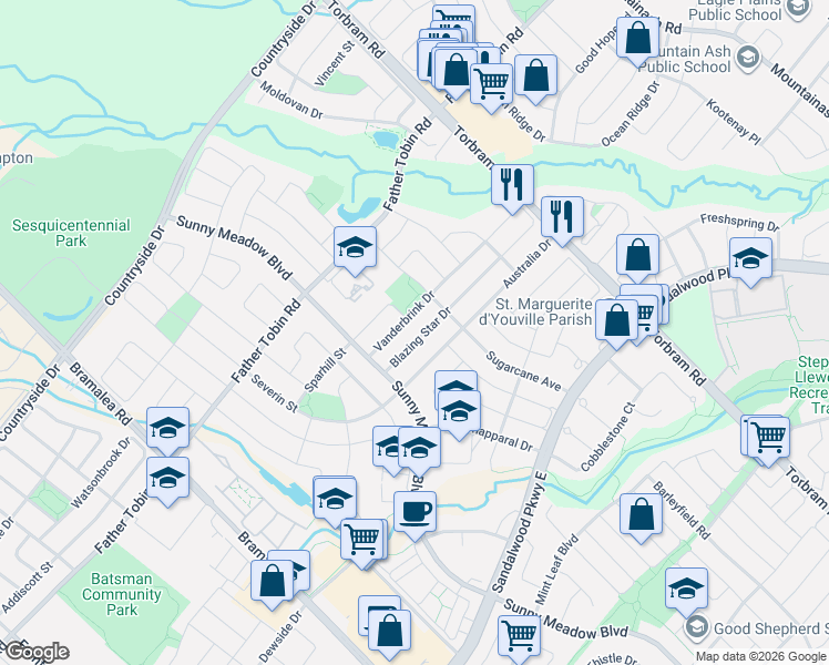 map of restaurants, bars, coffee shops, grocery stores, and more near in Brampton
