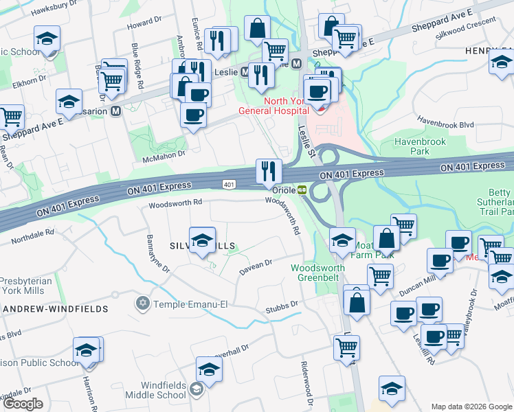 map of restaurants, bars, coffee shops, grocery stores, and more near 268 Woodsworth Road in Toronto