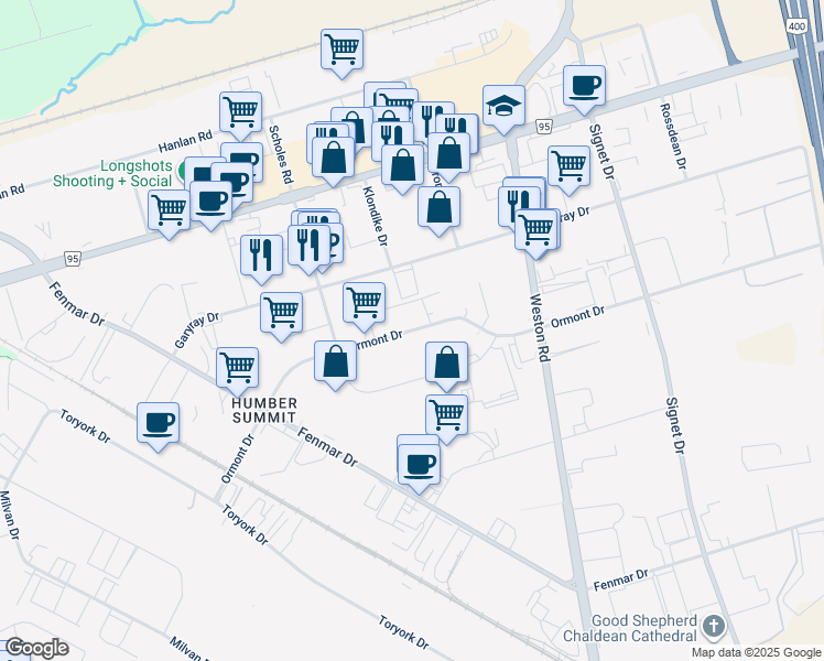 map of restaurants, bars, coffee shops, grocery stores, and more near 1250 Ormont Drive in Toronto