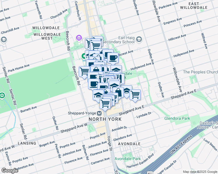 map of restaurants, bars, coffee shops, grocery stores, and more near 65 Spring Garden Avenue in Toronto