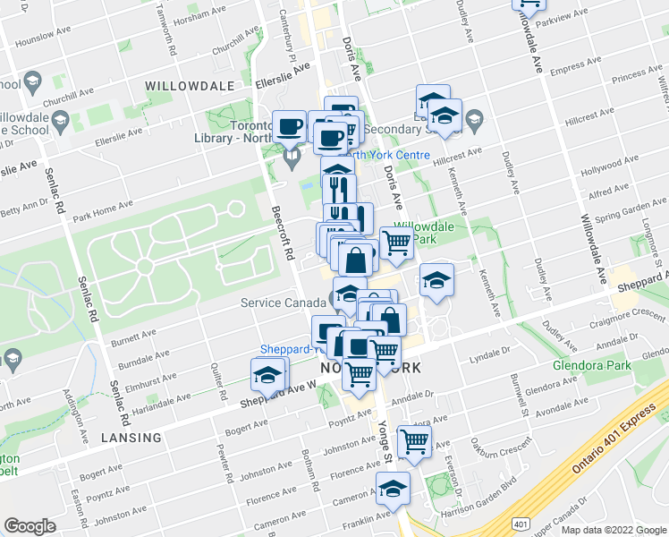 map of restaurants, bars, coffee shops, grocery stores, and more near 4950 Yonge Street in Toronto