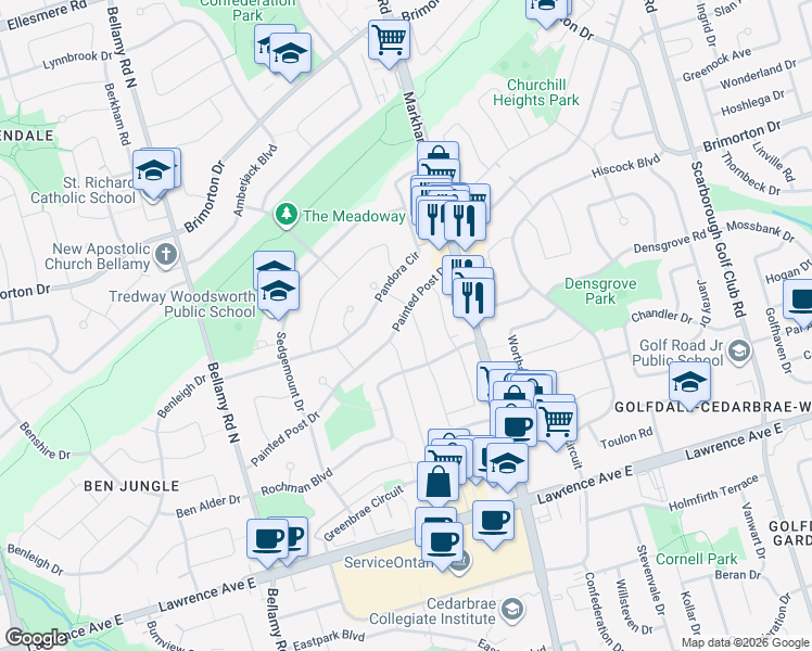 map of restaurants, bars, coffee shops, grocery stores, and more near 135 Painted Post Drive in Toronto