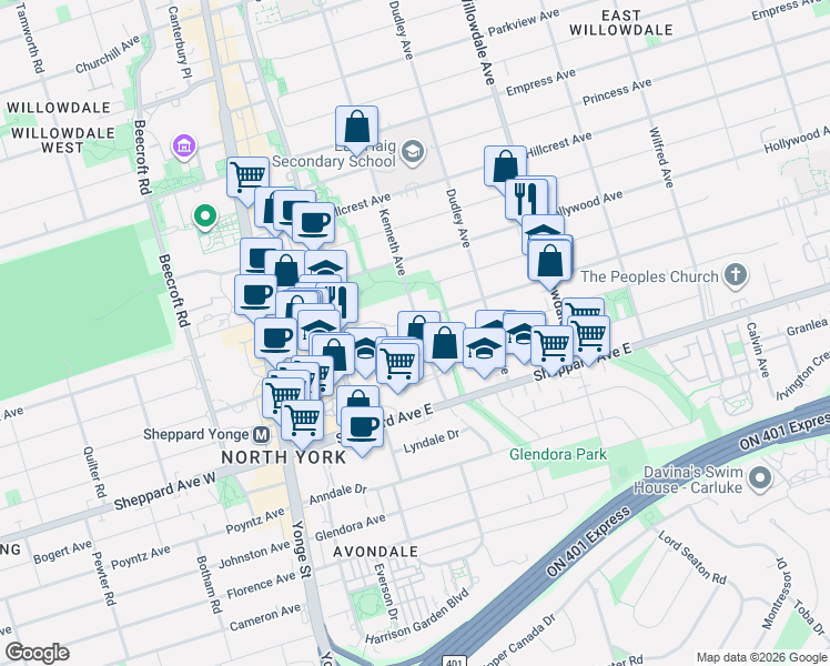 map of restaurants, bars, coffee shops, grocery stores, and more near 22 Kenneth Avenue in Toronto