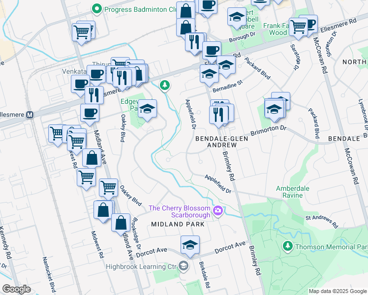 map of restaurants, bars, coffee shops, grocery stores, and more near 70 Applefield Drive in Toronto