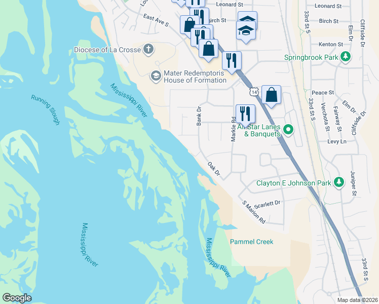 map of restaurants, bars, coffee shops, grocery stores, and more near 4226 Bank Drive in La Crosse