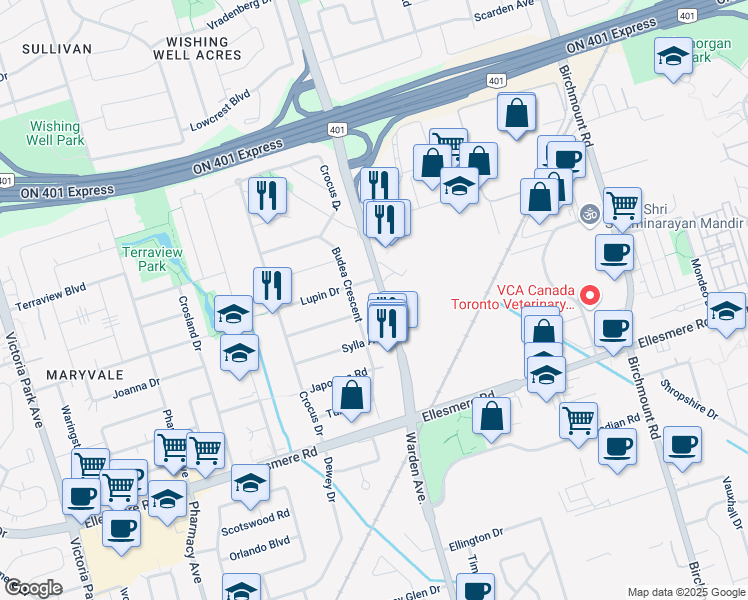 map of restaurants, bars, coffee shops, grocery stores, and more near in Toronto