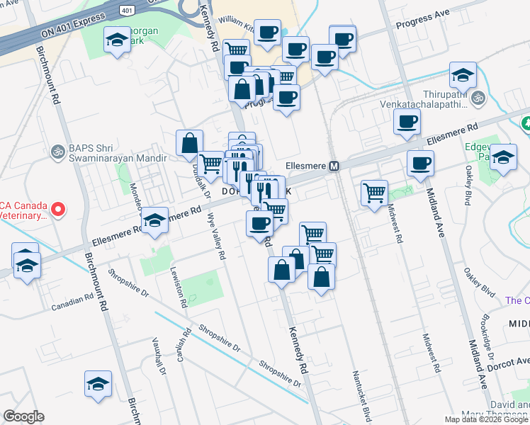 map of restaurants, bars, coffee shops, grocery stores, and more near 1415 Kennedy Road in Toronto