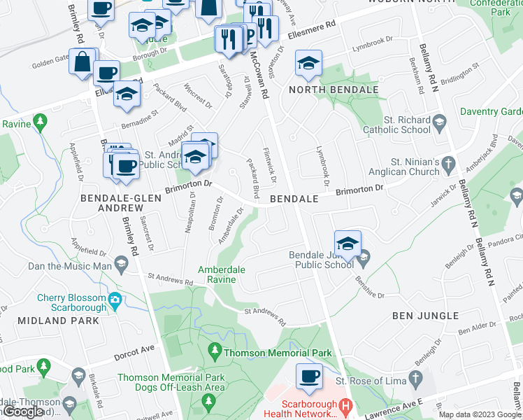 map of restaurants, bars, coffee shops, grocery stores, and more near 105 Brimorton Drive in Toronto
