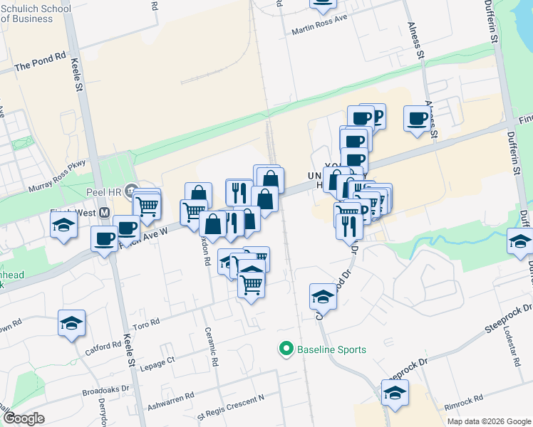 map of restaurants, bars, coffee shops, grocery stores, and more near 1179 Finch Avenue West in Toronto