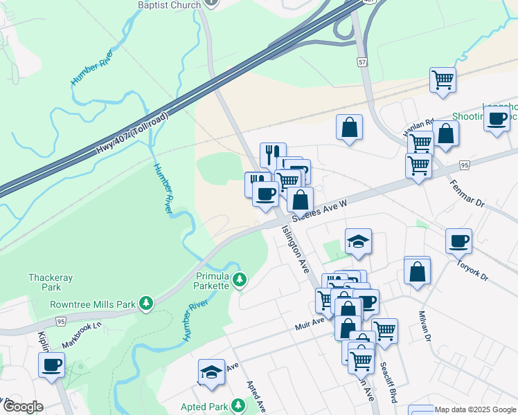 map of restaurants, bars, coffee shops, grocery stores, and more near 7034 Islington Avenue in Vaughan