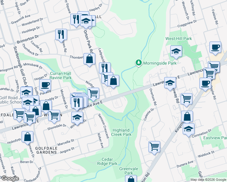 map of restaurants, bars, coffee shops, grocery stores, and more near 3950 Lawrence Avenue East in Toronto