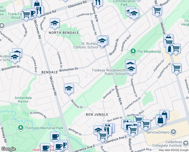 map of restaurants, bars, coffee shops, grocery stores, and more near 1 Deborah Drive in Toronto