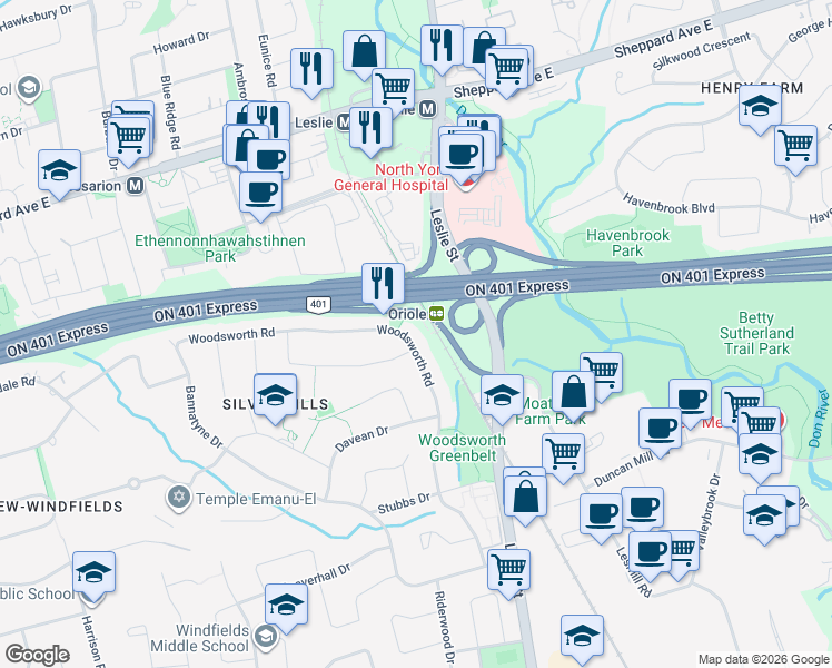 map of restaurants, bars, coffee shops, grocery stores, and more near 294 Woodsworth Road in Toronto