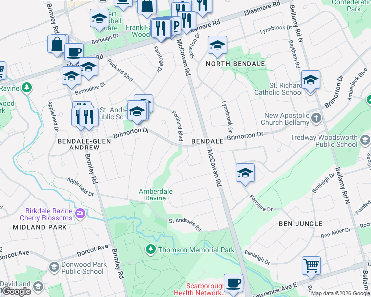 map of restaurants, bars, coffee shops, grocery stores, and more near 105 Brimorton Drive in Toronto