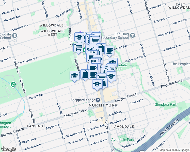 map of restaurants, bars, coffee shops, grocery stores, and more near 4950 Yonge Street in Toronto