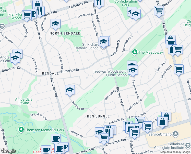 map of restaurants, bars, coffee shops, grocery stores, and more near 1 Deborah Drive in Toronto
