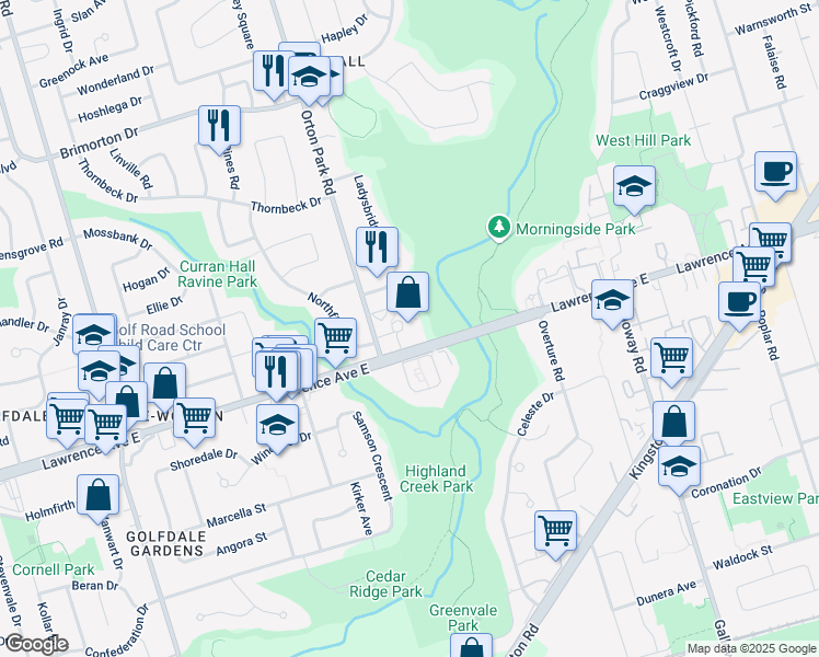 map of restaurants, bars, coffee shops, grocery stores, and more near 3950 Lawrence Avenue East in Toronto