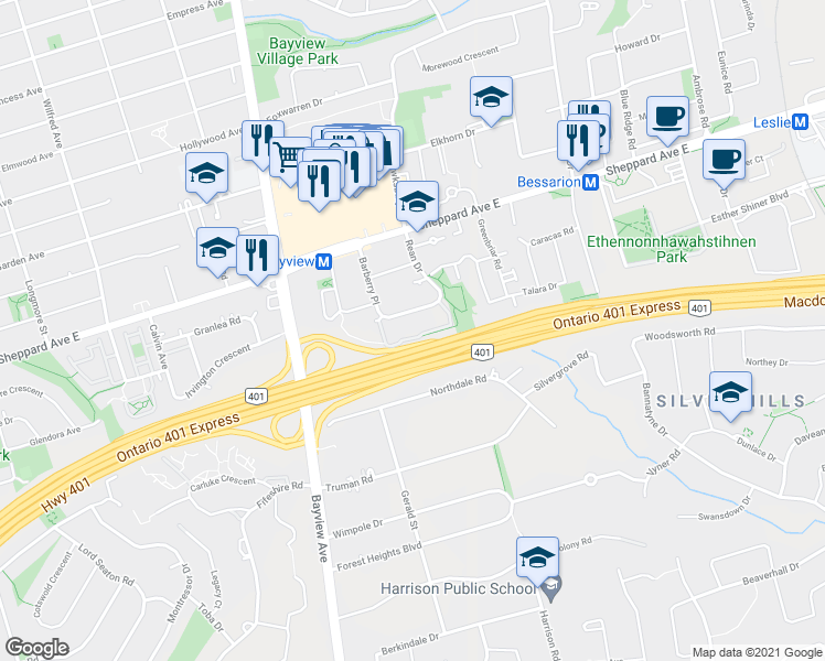 map of restaurants, bars, coffee shops, grocery stores, and more near 1 Rean Drive in Toronto