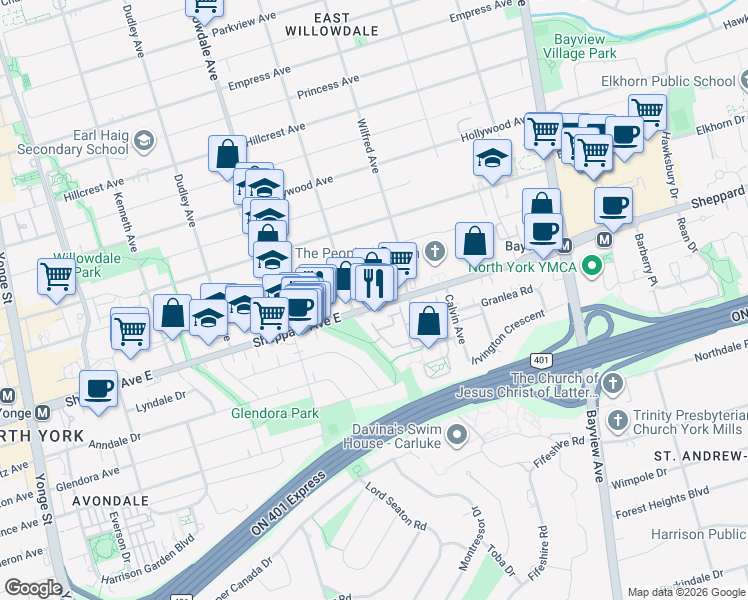 map of restaurants, bars, coffee shops, grocery stores, and more near in Toronto