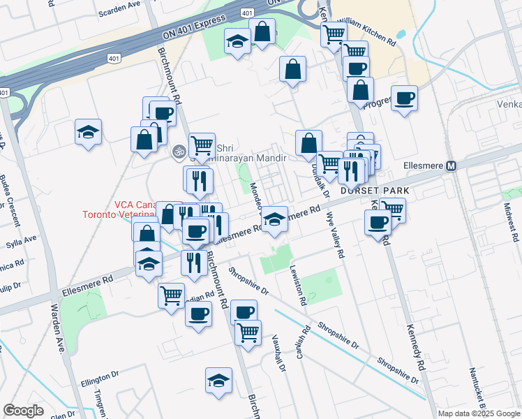 map of restaurants, bars, coffee shops, grocery stores, and more near 20 Mondeo Drive in Toronto