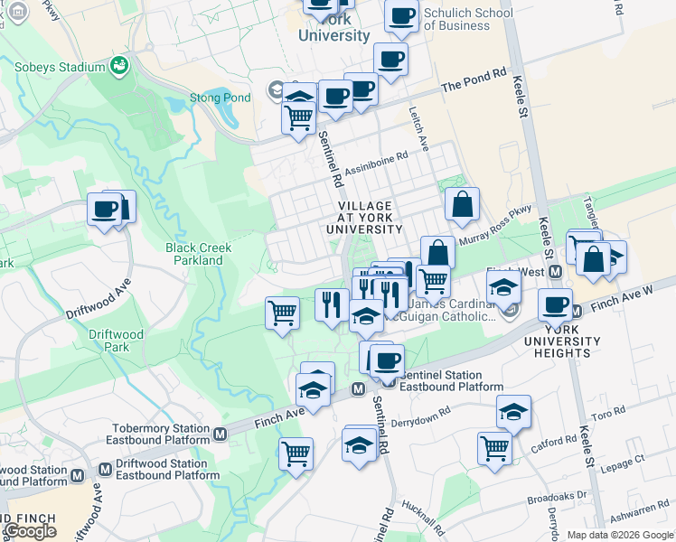 map of restaurants, bars, coffee shops, grocery stores, and more near in Toronto