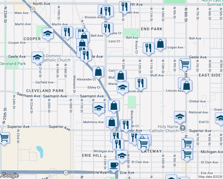 map of restaurants, bars, coffee shops, grocery stores, and more near 1345 Marie Court in Sheboygan