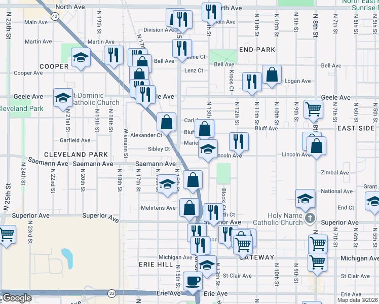 map of restaurants, bars, coffee shops, grocery stores, and more near 1345 Marie Court in Sheboygan