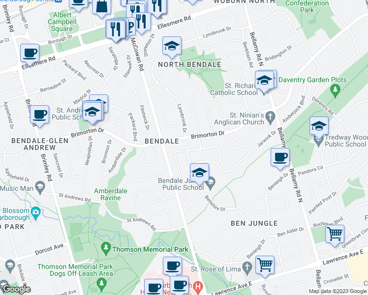 map of restaurants, bars, coffee shops, grocery stores, and more near 70 Brantwood Drive in Toronto