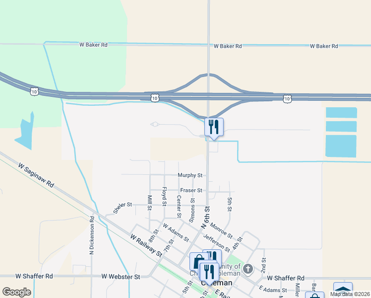 map of restaurants, bars, coffee shops, grocery stores, and more near 5453 Old Orchard Drive in Coleman