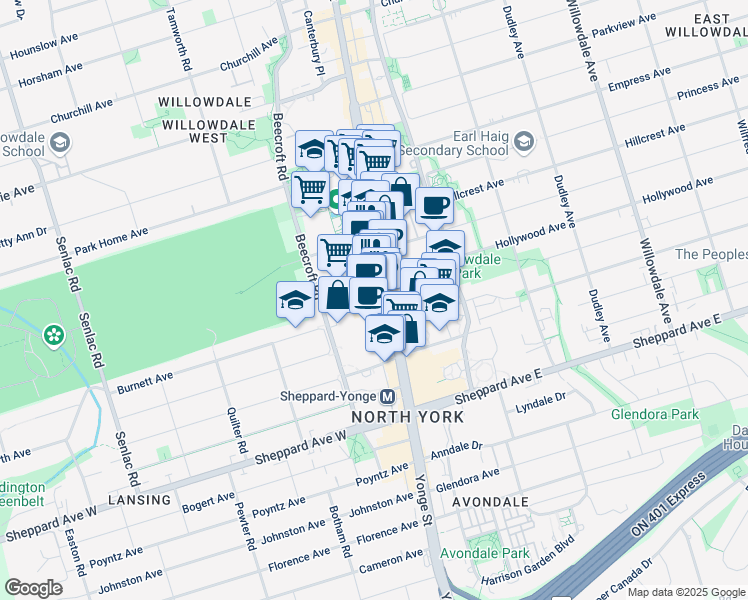 map of restaurants, bars, coffee shops, grocery stores, and more near 4950 Yonge Street in Toronto