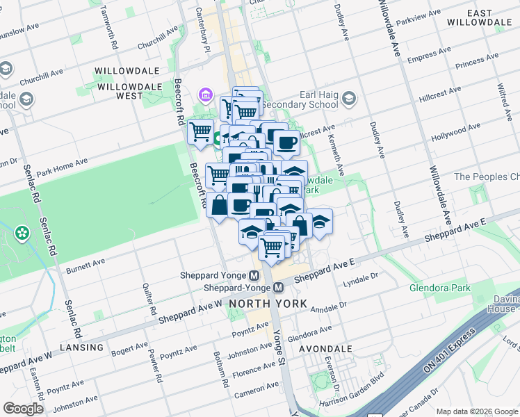 map of restaurants, bars, coffee shops, grocery stores, and more near in Toronto