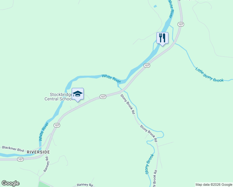 map of restaurants, bars, coffee shops, grocery stores, and more near 2933 Vermont 107 in Stockbridge