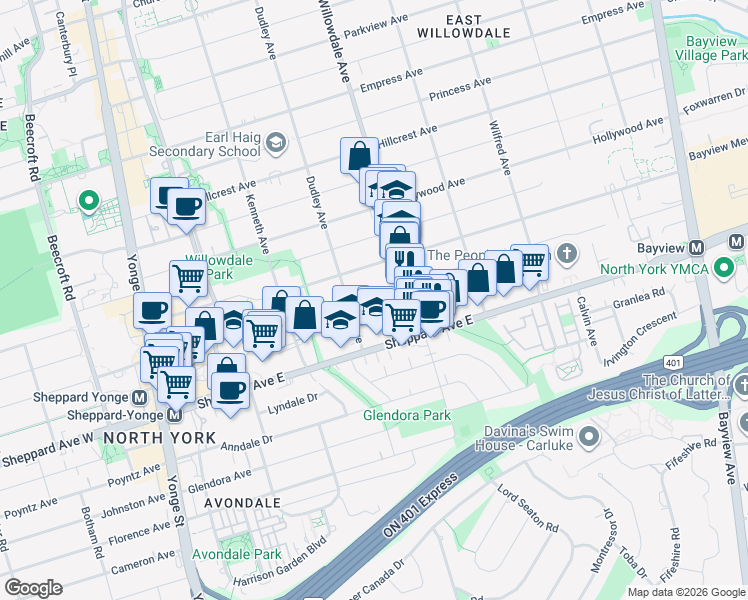 map of restaurants, bars, coffee shops, grocery stores, and more near 205 Greenfield Avenue in Toronto