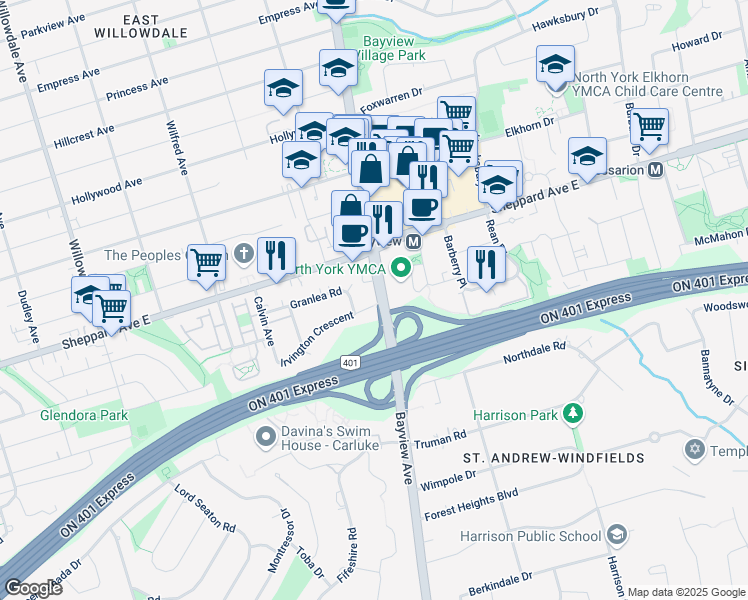 map of restaurants, bars, coffee shops, grocery stores, and more near in Toronto
