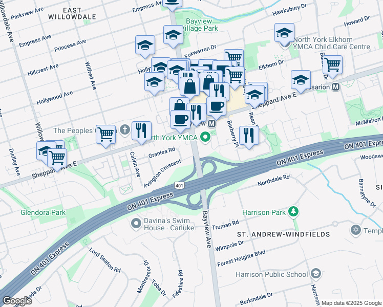 map of restaurants, bars, coffee shops, grocery stores, and more near 281 Bayview Avenue in Toronto