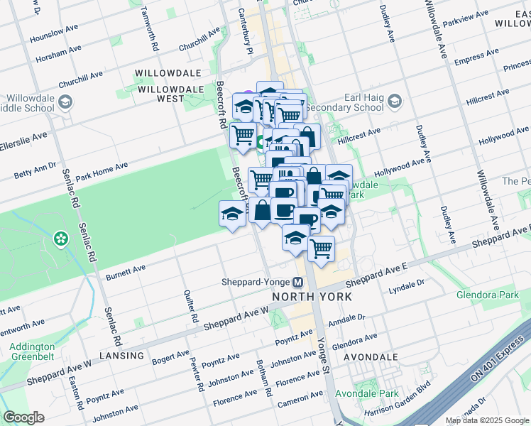 map of restaurants, bars, coffee shops, grocery stores, and more near 151 Beecroft Road in Toronto
