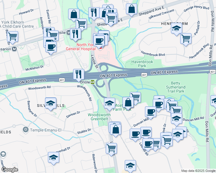 map of restaurants, bars, coffee shops, grocery stores, and more near 13010 Leslie Street in Richmond Hill