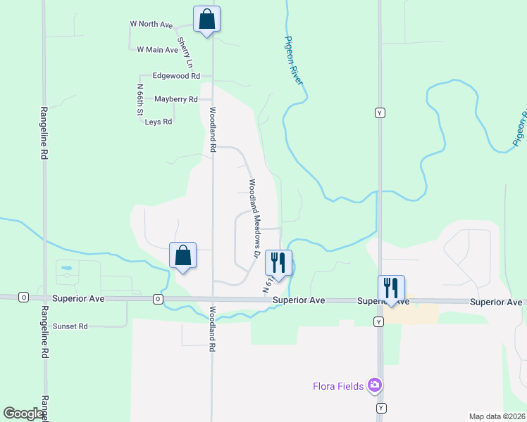 map of restaurants, bars, coffee shops, grocery stores, and more near N6230 Woodland Meadows Drive in Sheboygan
