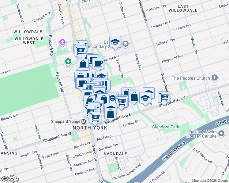 map of restaurants, bars, coffee shops, grocery stores, and more near 93 Spring Garden Avenue in Toronto