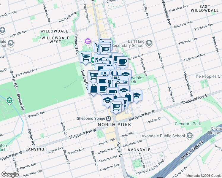map of restaurants, bars, coffee shops, grocery stores, and more near 4955 Yonge Street in Toronto