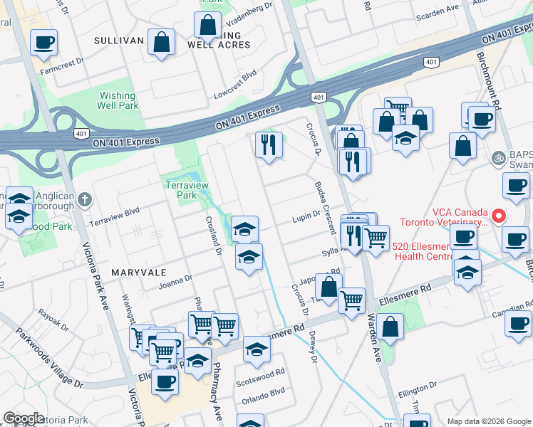 map of restaurants, bars, coffee shops, grocery stores, and more near 88 Crocus Drive in Toronto