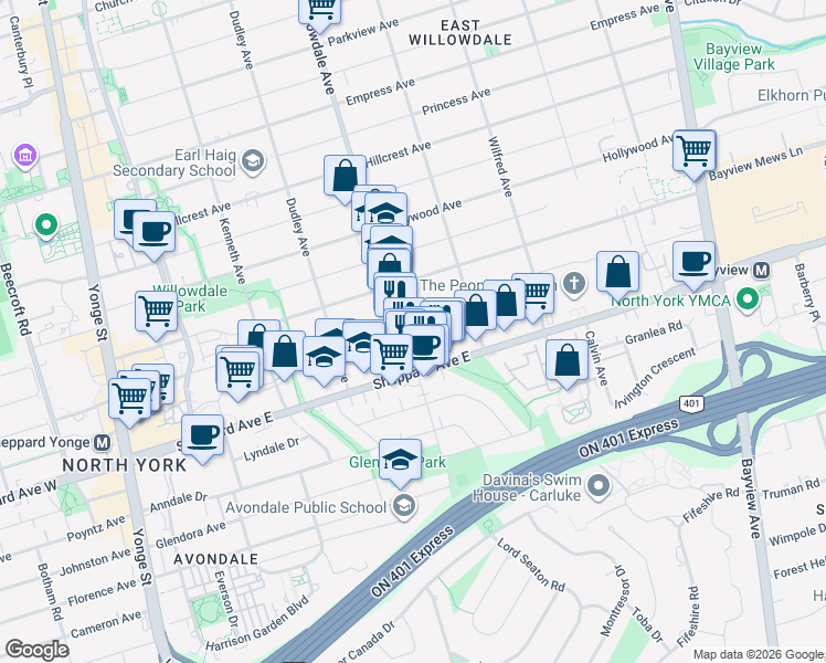 map of restaurants, bars, coffee shops, grocery stores, and more near 121 Willowdale Avenue in Toronto