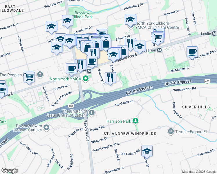 map of restaurants, bars, coffee shops, grocery stores, and more near 1 Rean Drive in Toronto