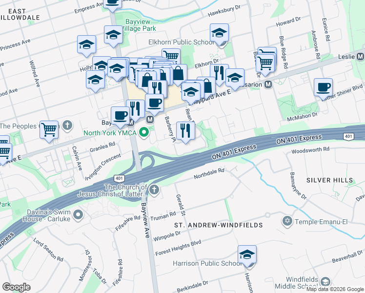 map of restaurants, bars, coffee shops, grocery stores, and more near 1 Rean Drive in Toronto